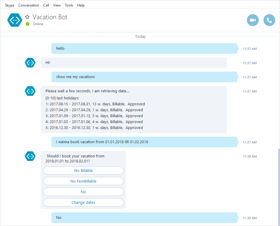 vacation chatbot skype