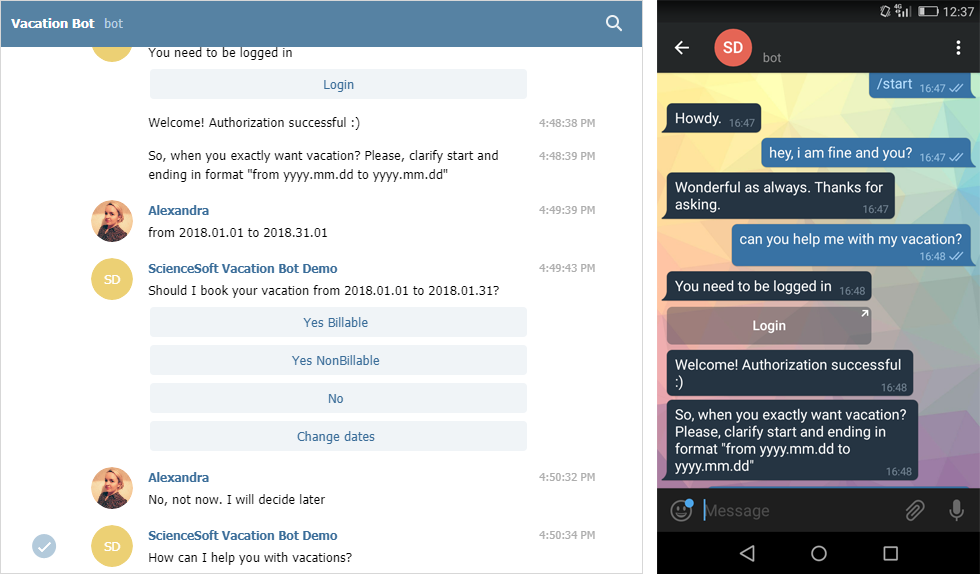vacation chatbot telegram desktop and mobile