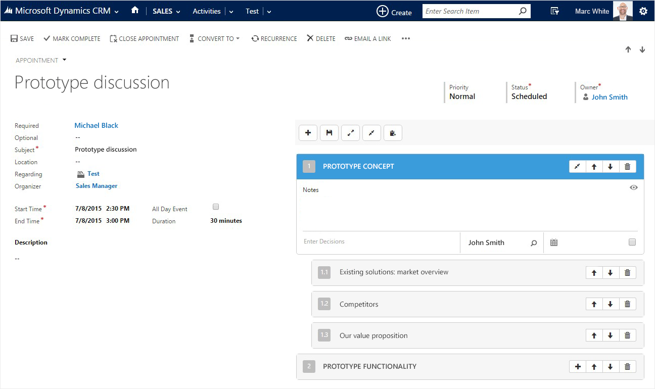 integrated crm component for meeting follow ups